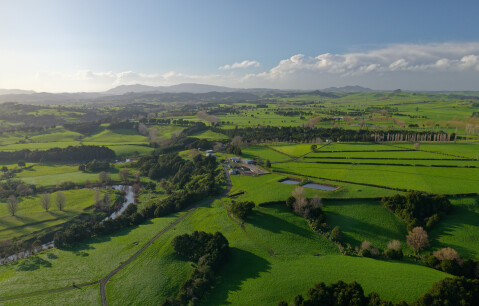 Aerial shot of dairy farm with bush blocks and river